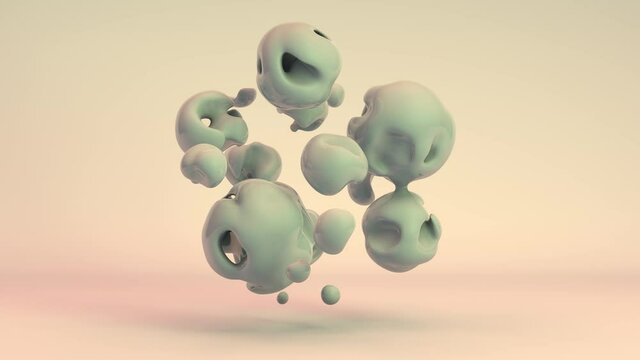 3D abstract animation of beautiful shapes, merging spheres in space on a white background. Elegant curves, smooth lines, smooth surfaces of many droplet balls. Animation for the background.
