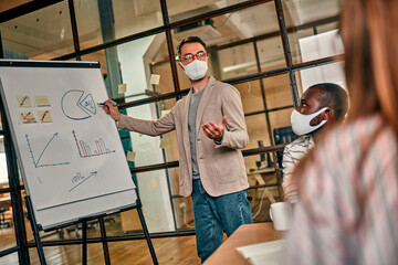 Workers discuss and meet while wearing a medical mask to protect against the corona virus. A young man writes a mind map on a whiteboard and makes new business plans during the COVID-19 pandemic.