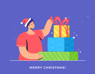 Christmas gifts unpacking and celebration. Flat vector symbol of smiling man wearing santa red hat and unpacking present or decorated gift with red ribbon for celebrating merry xmas and happy new year