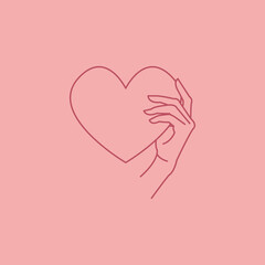 Woman hand holding a heart, logo template for your design, line art style. Vector illustration