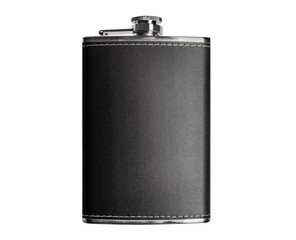 Isolated photo of a stainless steel hip flask in leather case on white background.
