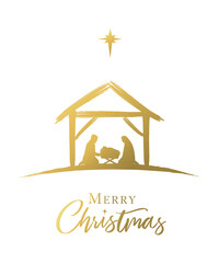 Merry Christmas, Nativity scene of baby Jesus in the manger golden color. The birth of Christ, Holy family and star of Bethlehem, greeting card design. Vector illustration silhouette Mary and Joseph