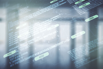 Multi exposure of abstract programming language hologram on abstract empty interior background, artificial intelligence and machine learning concept