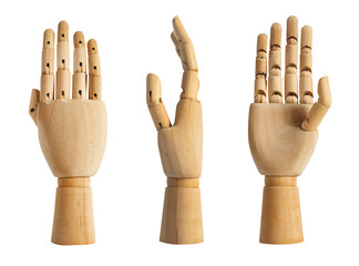 Isolated photo of a wooden mannequin hand in different angles on white background.