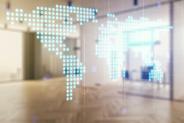Abstract creative world map interface on a modern furnished office background, international trading concept. Multiexposure