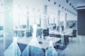 Abstract virtual creative chemistry hologram on a modern furnished office background. Multiexposure
