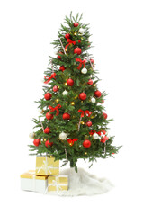 Beautiful decorated Christmas tree with skirt and gift boxes on white background