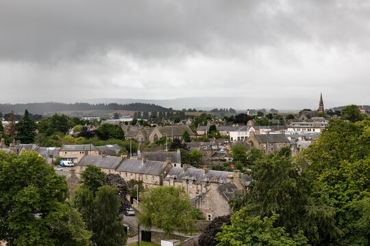 Cityscape of Elgin city with typical Scottish architecture, grey houses and rooftops