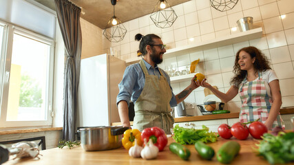 Couple preparing healthy meal together in the kitchen. Italian cook looking at his girlfriend while taking pepper. Young woman in apron smiling, helping him in the kitchen