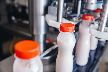 Dairy production, bottle of yoghurt on automated conveyor line, process of milk filling and...
