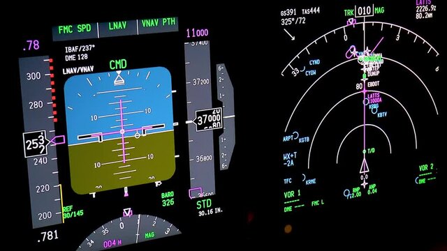 Aircraft flight instruments at night, actual aerial footage.
Flight instruments panel of a modern passenger airplane flying at night at 37000 feet, actual aerial footage.
