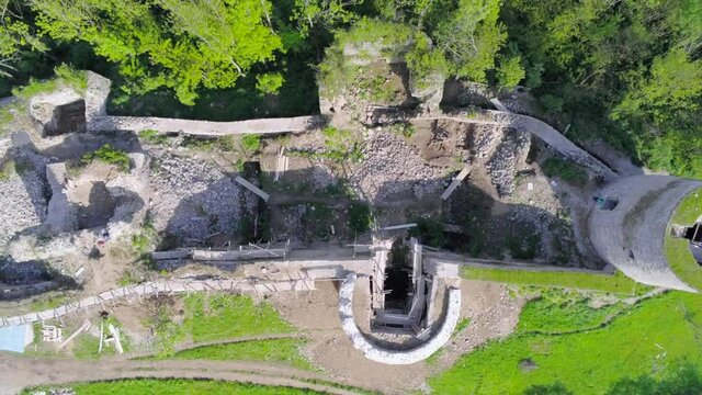 Bologa, Cluj/Romania-05.20.2019-Aerial view over Bologa fortress-a settlement from the time of the Roman Empire when it was called Resculum.The fortress is in the process of renovation with EU fonds