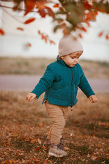 A boy in a green jacket walks in the Park against the background of autumn