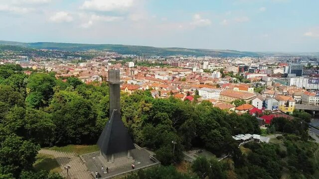 Cluj-Napoca,Cluj/Romania-08.12.2019-In 1995 a huge iron cross was erected, instead of the one destroyed by the Communists in the 1950s. Aerial drone footage over the west side of the city.