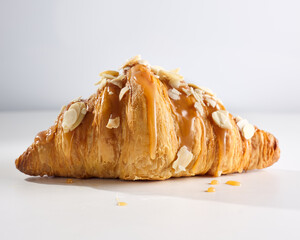 Fresh gentle croissant decorated with caramel and almond slices with caramel filling isolated on white background
