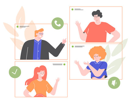Online meeting, video call, conference of colleagues. Team communication at remote work. Vector flat illustration.