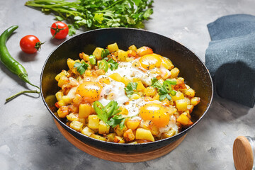 Potato hash with eggs and herbs for breakfast on concrete background