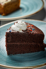 Plate with slice of tasty homemade chocolate cake on table