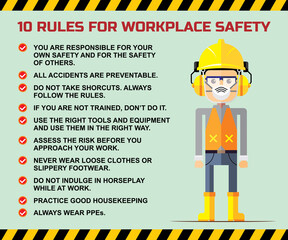 10 rules and tips for workplace safety of industrial or construction work. Banner, poster design.