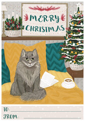 Greeting Christmas card with cat. New year postcard, cute flat and winter holidays.