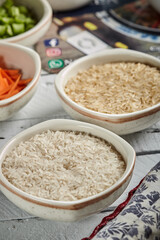 Grains of rice for making paella in a bowl