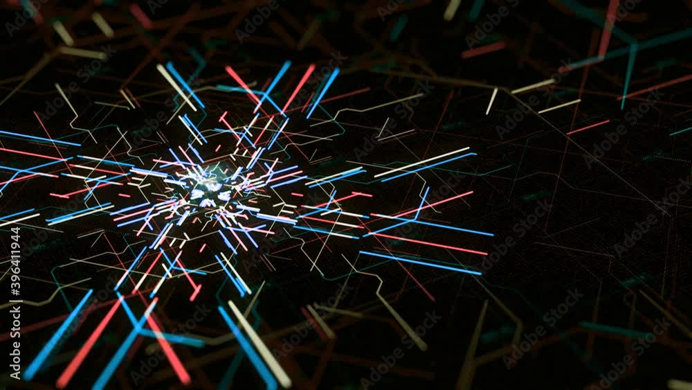 Poster lines create computer board pattern. animation. pulsing neon lines moving from center creating patte
