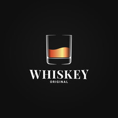 Whiskey glass logo. Golden whiskey in glass - 396412365