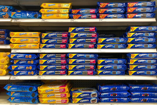 San Leandro, CA - Nov 27, 2020: Grocery store shelves with packages of OREO brand cookies for sale.