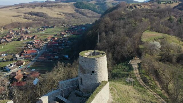Bologa, Cluj/Romania-05.20.2019-Aerial view over Bologa fortress-a settlement from the time of the Roman Empire when it was called Resculum.The fortress is in the process of renovation with EU fonds