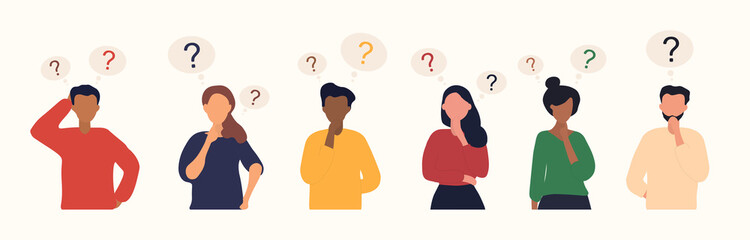 Collection of diverse thoughtful people. Six smart men and women thinking or solving problem. Set of pensive boys and girls surrounded by thought bubbles. Flat cartoon vector illustration.