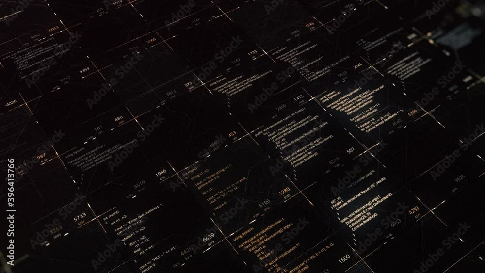 Poster changing program codes in matrix. animation. source codes in software cell of matrix. many program c