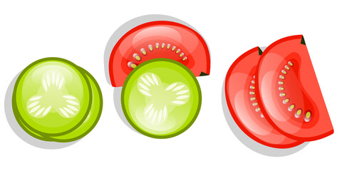 Cucumbers and tomatoes are isolated on a white background. Circles of cucumber and half a tomato sliced for sandwiches. Vector illustration. Proper nutrition..