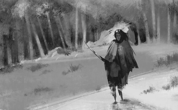 digital painting of a nomadic warrior wandering through a bright field with a forest behind her - fantasy illustration