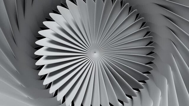 3d video loop of abstract black and white art of surreal 3d background with part of a turbine engine or blossom flower with sharp blades in white ceramic in spiral pattern with a hole in the centre