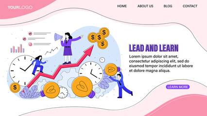 Written sales training courses. Lead and learn. Leadership concept. Team building training. Course is based on processes and systems. Vector illustration. Website, web page, landing page template