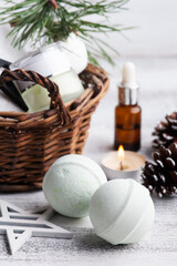 Beauty product in basket in Christmas SPA composition