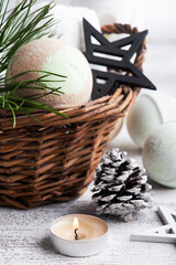 Bath bombs in basket in Christmas SPA composition
