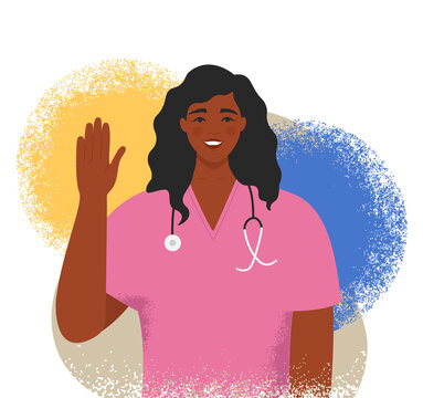 Happy Black Female Nurse Smiling, Waving Hello And Saying Hi. Afro American Medical Doctor In Uniform With A Stethoscope. Isolated Flat Vector Illustration Of A Cheerful Woman Surgeon