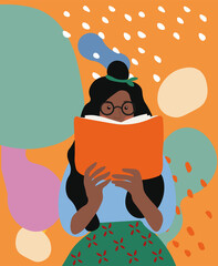 Young girl reading book. Beautiful dress with prints. Concept of book leisure and education. Afro-american girl character. Hand drawn cartoon flat vector illustration. Isolated on colorful background