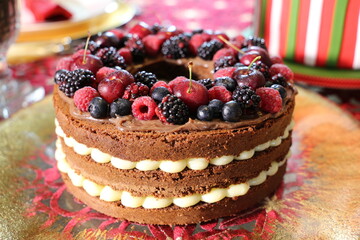 Delicious Christmas sweets, cakes and candys. Christmas decorate table. With Santa Claus, bear and others