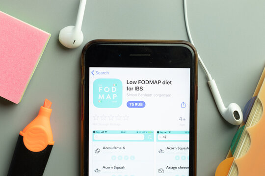 New York, USA - 1 December 2020: Low FODMAP Diet For IBS Mobile App Icon On Phone Screen Top View, Illustrative Editorial