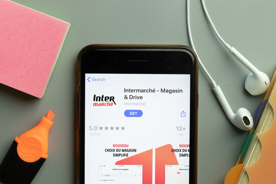 New York, USA - 1 December 2020: Intermarche mobile app icon on phone screen top view, Illustrative Editorial