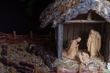 Wood hand carved nativity scene with stable