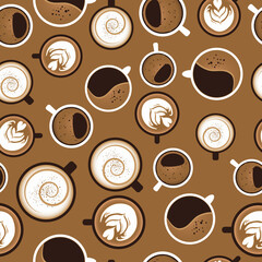 Seamless pattern with cups of coffee on a brown background top view. Different types of coffee.