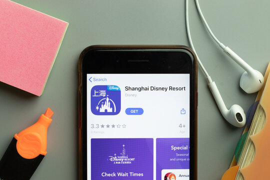 New York, USA - 1 December 2020: Shanghai Disney Resort Mobile App Icon On Phone Screen Top View, Illustrative Editorial