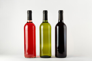 bottles of wine of different types isolated on a white background