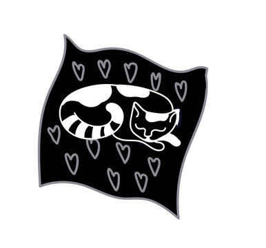 Black and white doodle of sleeping cute cat lies on a pillow isolated on white background. Cozy mood collection, For cards, posters, stickers and baby textile or home design.
