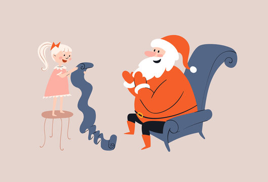 Cartoon Santa sits in a comfortable armchair and looks at the girl. The child stands on a chair and reads a huge list of wishes, poems in front of Santa Claus. Hand drawn vector stock illustration.