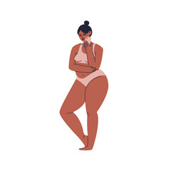 Hand-drawn young woman in nude lingerie. A plump girl with a smartphone in her hand. A brunette in a fashionable swimsuit and a bun on her head. Vector stock isolated illustration in cartoon style.