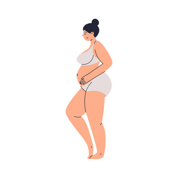 Busty pregnant woman in trendy gray underwear hugs her belly. A young lady with her hair pulled back in a bun. A future mother with a round belly in wide panties and a bra. Vector stock illustration.